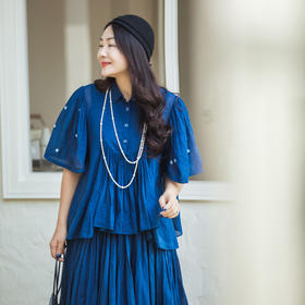 【林栖设计小店】植物染色|手工植物蓝婴儿棉密褶2026春新款宽松翻领衬衣1961015