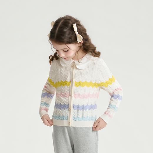 mettekids儿童针织衫2026春季女童多巴胺彩虹条纹桑蚕丝毛衣开衫 商品图1