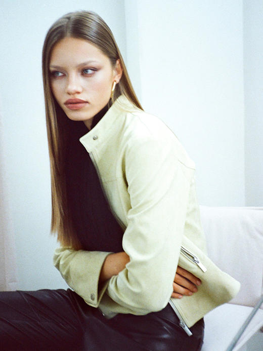 TR她热 肯豆私服 豆绿灰麂皮正肩复古显瘦拉链修身立领短款夹克外套 商品图2