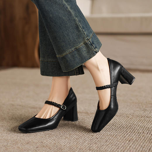 阿么手工女鞋春季编织一字带玛丽珍鞋配裙子法式方头单鞋女6.5CM 商品图2