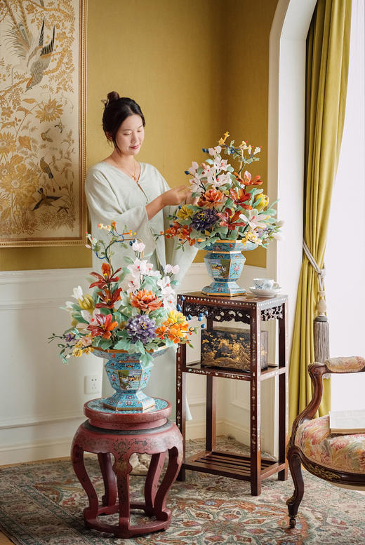 【已售】独角鹿西洋古董20世纪50-70年代中国创汇时期出品景泰蓝盆装饰「玉堂富贵」主题珍宝像生盆景一对 商品图1