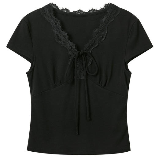 【瘦瘦T】三彩2026春季新款蕾丝V领短袖T恤修身短款显瘦套头上衣M 商品图4