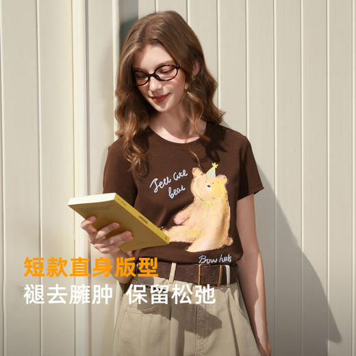 三彩2026春季新款休闲圆领正肩短袖T恤套头衫短款卡通印花绣花M 商品图3