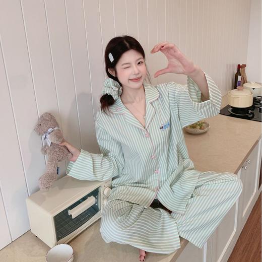 【亲肤透气宽松不勒❗️甜美少女感拉满】2026新款甜美条纹长袖睡衣女春夏季全棉刺绣家居服女舒适套装。jd 商品图0