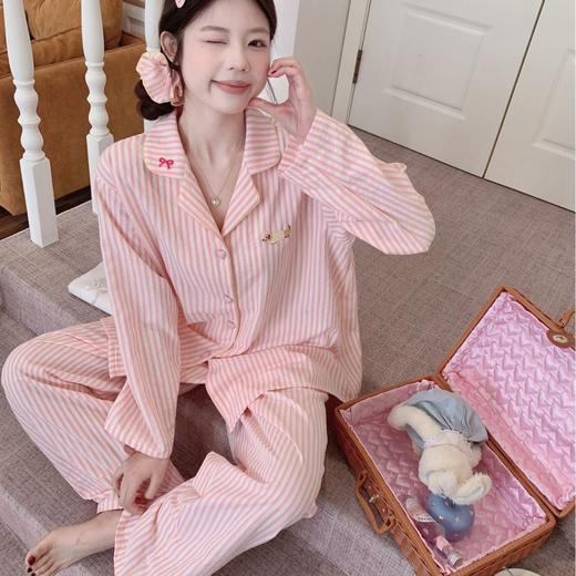 【亲肤透气宽松不勒❗️甜美少女感拉满】2026新款甜美条纹长袖睡衣女春夏季全棉刺绣家居服女舒适套装。jd 商品图1
