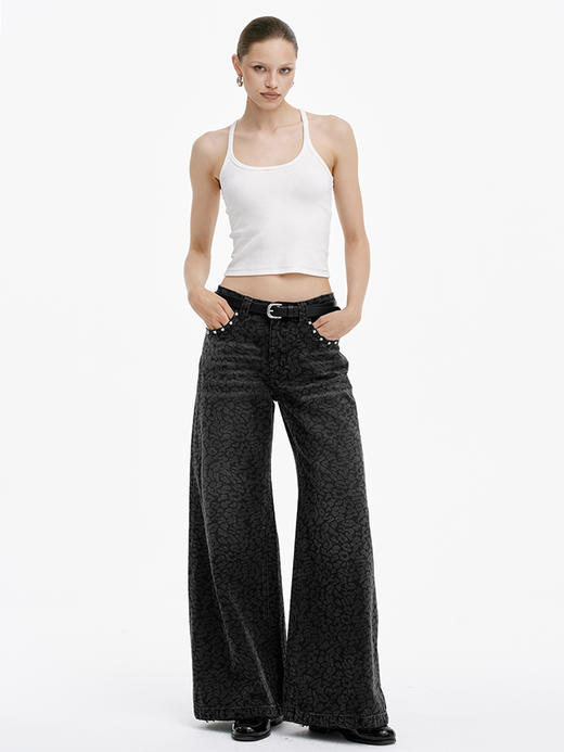 TR她热 摇滚年代 黑色豹纹印花水洗铆钉复古做旧休闲宽松阔腿牛仔裤 商品图1