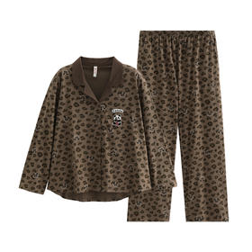 芬腾新款女士睡衣春秋长袖长裤纯棉豹纹熊猫全棉开衫家居服套装