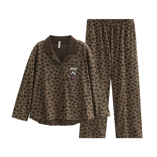 芬腾新款女士睡衣春秋长袖长裤纯棉豹纹熊猫全棉开衫家居服套装 商品图0