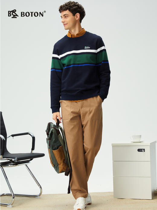 【“微瑕疵”新品特惠出清】波顿男士针织上衣蓝绿白条卫衣*MT070126 商品图1