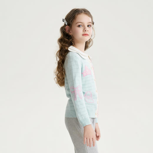 mettekids儿童针织衫2026春季新款女童蓝色花边桑蚕丝毛衣开衫 商品图3