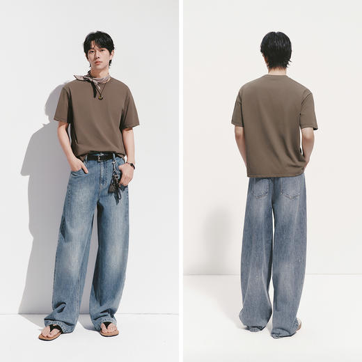 森马牛仔裤男夏季宽松弧形弯刀长裤2026新款复古泼墨做旧水洗裤子 商品图4