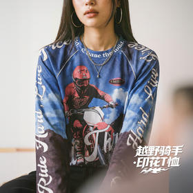 马登美式复古针织满印花长袖T恤薄款宽松立领套头外穿上衣女士春