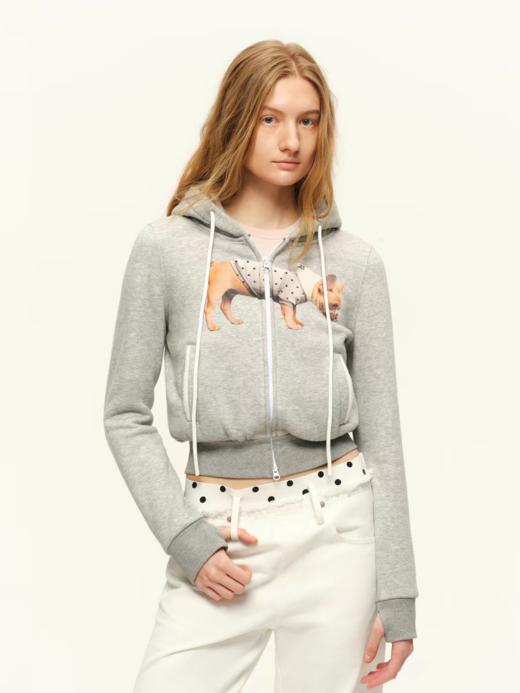 出逃赤岗西/25AWS019/灰色小狗印花短款连帽卫衣外套 商品图1