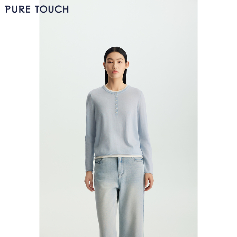商场同款PURE TOUCH26春夏新款圆领羊毛针织衫撞色领直筒套头衫