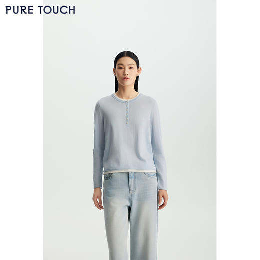 商场同款PURE TOUCH26春夏新款圆领羊毛针织衫撞色领直筒套头衫 商品图0