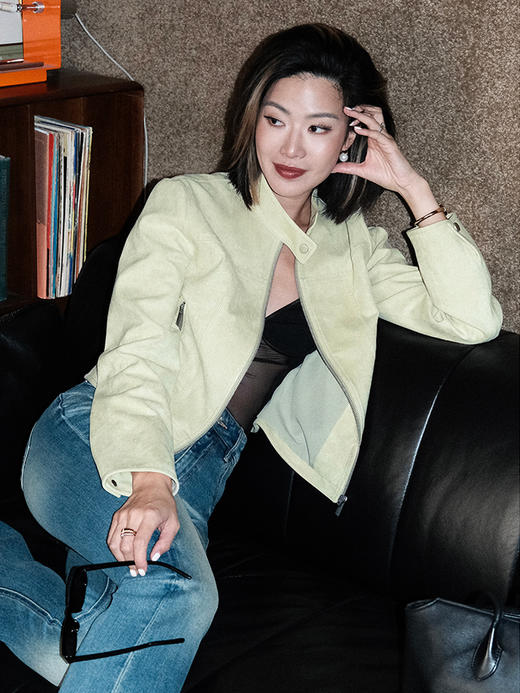 TR她热 肯豆私服 豆绿灰麂皮正肩复古显瘦拉链修身立领短款夹克外套 商品图3