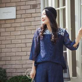 【林栖设计小店】缠枝牡丹|藏青色丝麻拼桑蚕丝飞片2026春新款优雅衬衣1961142