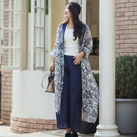 【林栖设计小店】缠枝牡丹|丝麻藏青色复古传统印花2026春新款宽松衬衣1961019