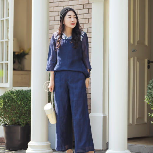 【林栖设计小店】缠枝牡丹|藏青色丝麻拼桑蚕丝飞片2026春新款优雅衬衣1961142 商品图2