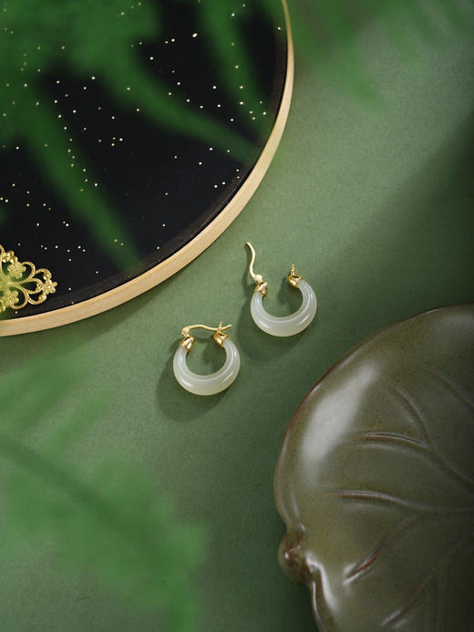 子佩集【‌月华静好】银S925耳环【EJ00220】古法银和田玉镀金半环圆环2602 商品图7