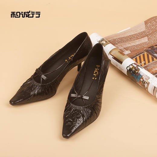 和诚行2026春季新款真皮时髦洋气舒适百搭不累脚中跟单鞋1080166 商品图0