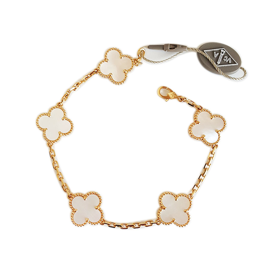 【全新】VCA梵克雅宝Vintage Alhambra系列VCARA41800 18K黄金镶白贝母四叶草白五花手链 链长约19cm120226NJS37