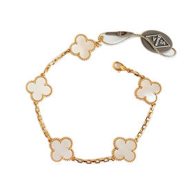 【全新】VCA梵克雅宝Vintage Alhambra系列VCARA41800 18K黄金镶白贝母四叶草白五花手链 链长约19cm120226NJS37