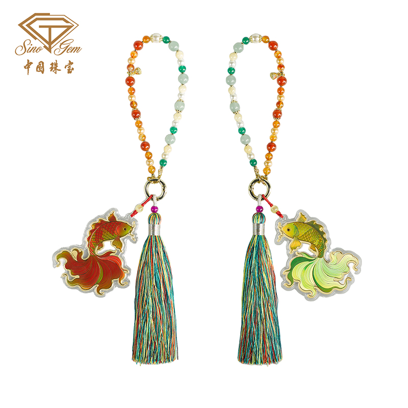 「红鲤鱼与绿鲤鱼」足金玛瑙玉石挂饰 吉祥寓意收藏送礼