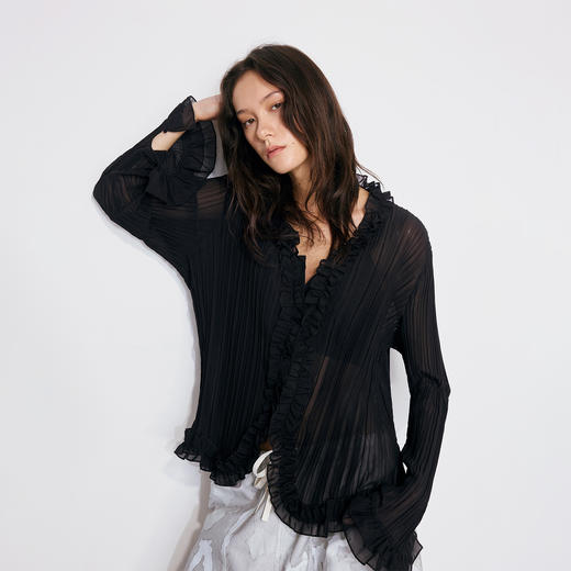 NUTH黑色v领花边装饰半透衬衫女（发货/预售时间同步天猫） 商品图2