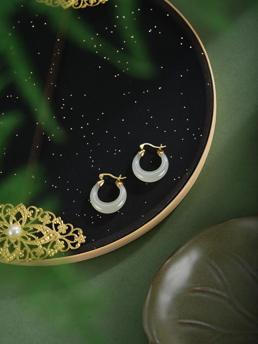 子佩集【‌月华静好】银S925耳环【EJ00220】古法银和田玉镀金半环圆环2602 商品图8