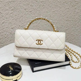 Chanel 23B 白金 珍珠钻石 手柄 羊皮 斜挎包
