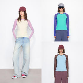 NUTH亲肤莫代尔棉撞色拼接半透长袖t恤女（发货/预售时间同步天猫）