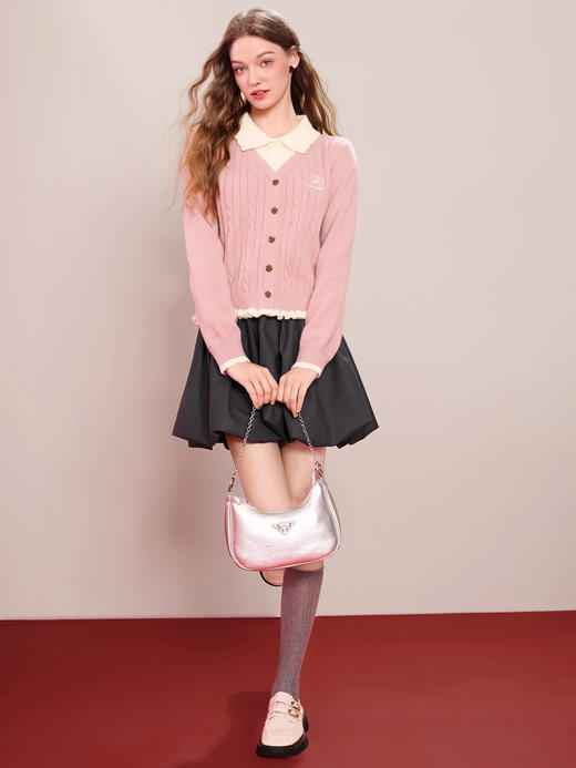 【百图lulu定制】【樱桃红了针织衫】假两件 衬衫式V领 显脸小 红色 套头衫 商品图12