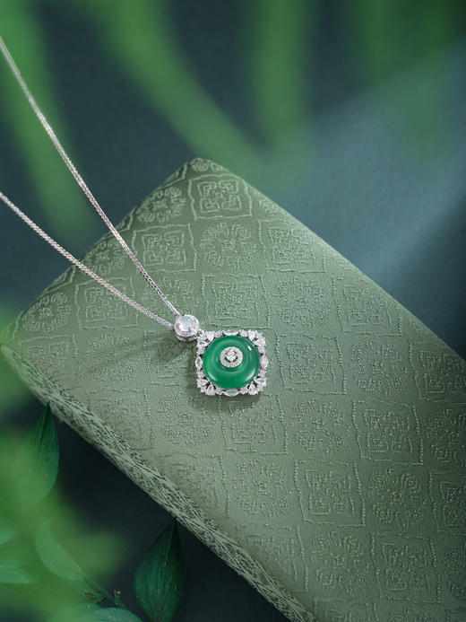 子佩集【碧华盈瑞】银S925套链项链【TL016618】绿玉髓菱四叶草形平安扣内圆外方2602 商品图2