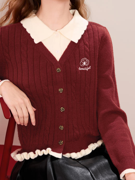 【百图lulu定制】【樱桃红了针织衫】假两件 衬衫式V领 显脸小 红色 套头衫 商品图1