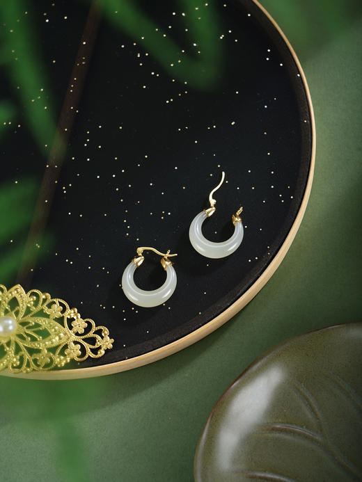 子佩集【‌月华静好】银S925耳环【EJ00220】古法银和田玉镀金半环圆环2602 商品图3