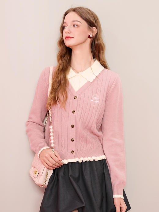 【百图lulu定制】【樱桃红了针织衫】假两件 衬衫式V领 显脸小 红色 套头衫 商品图11