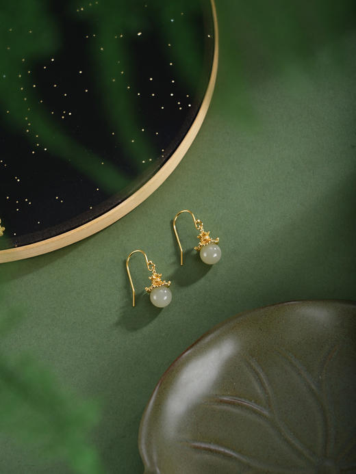 子佩集【云亭缘起】银S925耳环【EG02525】古法银和田玉镀金亭台吊球2602 商品图3