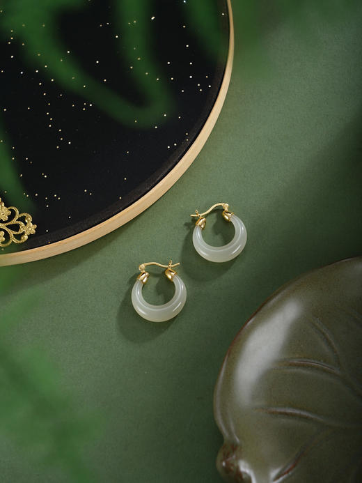 子佩集【‌月华静好】银S925耳环【EJ00220】古法银和田玉镀金半环圆环2602 商品图4