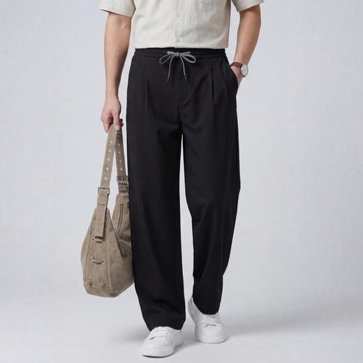 【含亚麻】圣得西宽松弯刀裤子男款2026新款春季松紧腰直筒休闲裤 商品图7