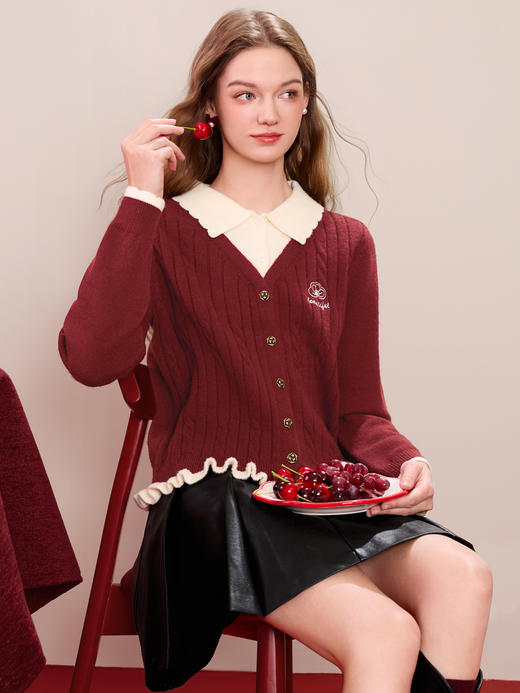 【百图lulu定制】【樱桃红了针织衫】假两件 衬衫式V领 显脸小 红色 套头衫 商品图2