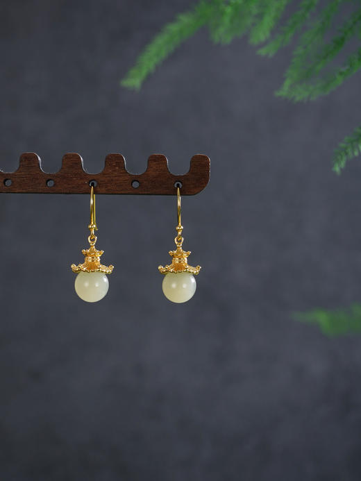 子佩集【云亭缘起】银S925耳环【EG02525】古法银和田玉镀金亭台吊球2602 商品图5