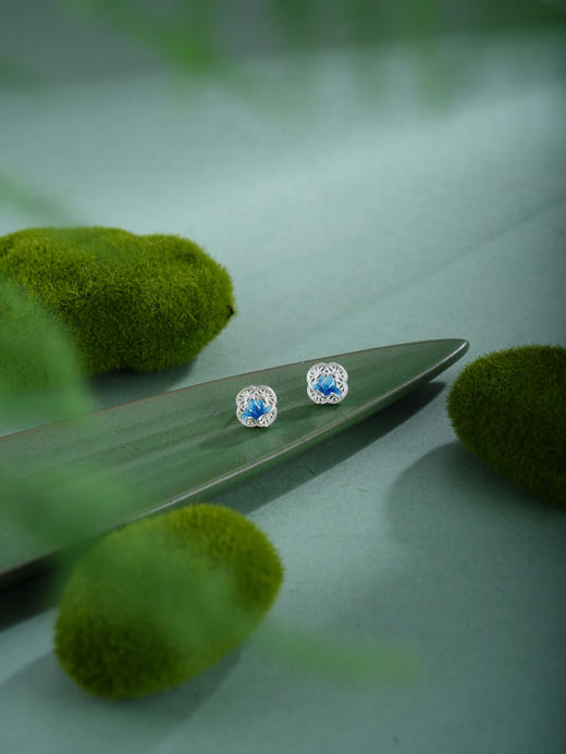 子佩集【轩畔玉兰】银S990耳钉【QFES050】原创作品花丝珐琅彩四叶玉兰莲2602 商品图6