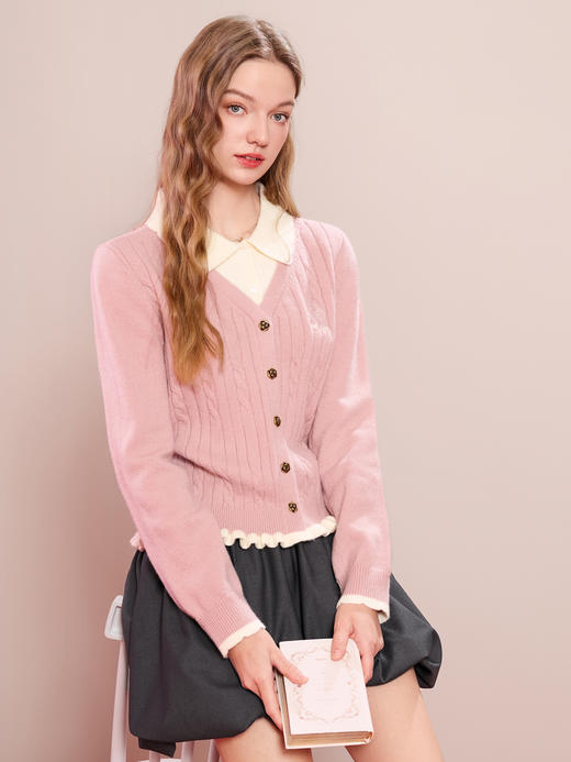 【百图lulu定制】【樱桃红了针织衫】假两件 衬衫式V领 显脸小 红色 套头衫 商品图9