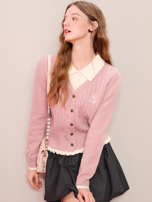 【百图lulu定制】【樱桃红了针织衫】假两件 衬衫式V领 显脸小 红色 套头衫 商品图10