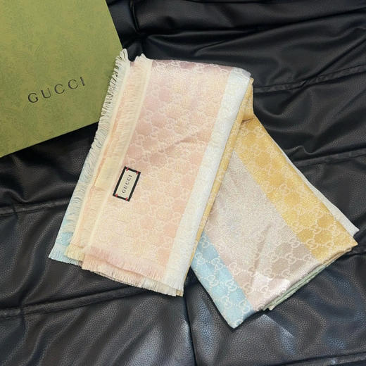 GUCCI 双G 老花 棉 羊毛 蚕丝 混纺 拼色 围巾 商品图0