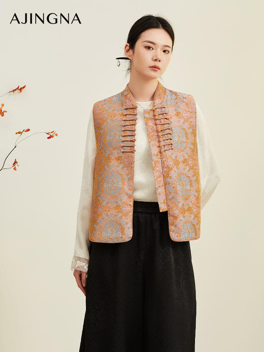 【青釉色提花】阿菁娜冬季新款马甲青釉色撞色提花设计立领宽松版型新中式细节感外套F30D203028 商品图1