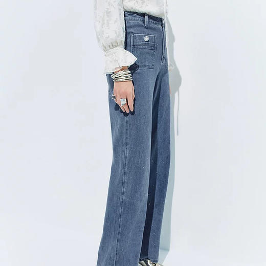 天虹门店发货: 【SGPR】深蓝色牛仔裤2026年春季新款高腰长裤直筒裤钉珠女裤子MU80TR014 商品图2