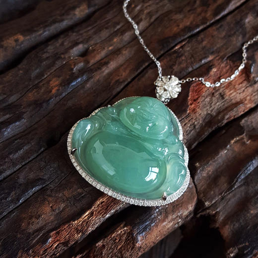 【天然正品】A货翡翠AU750白金镶天然糯冰种湖水绿佛公翡翠（平安、吉祥）吊坠项链35.7*32.9*10.1MM（皆取最大值）260126NJM55 商品图4