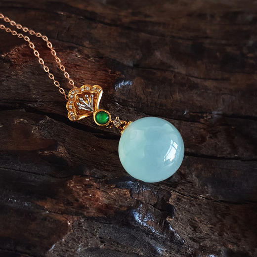 【天然正品】A货翡翠AU750黄金镶钻镶天然细腻冰种晴水翡翠圆珠吊坠项链25.5*12.2*12.2MM（皆取最大值）220126TJ19 商品图4